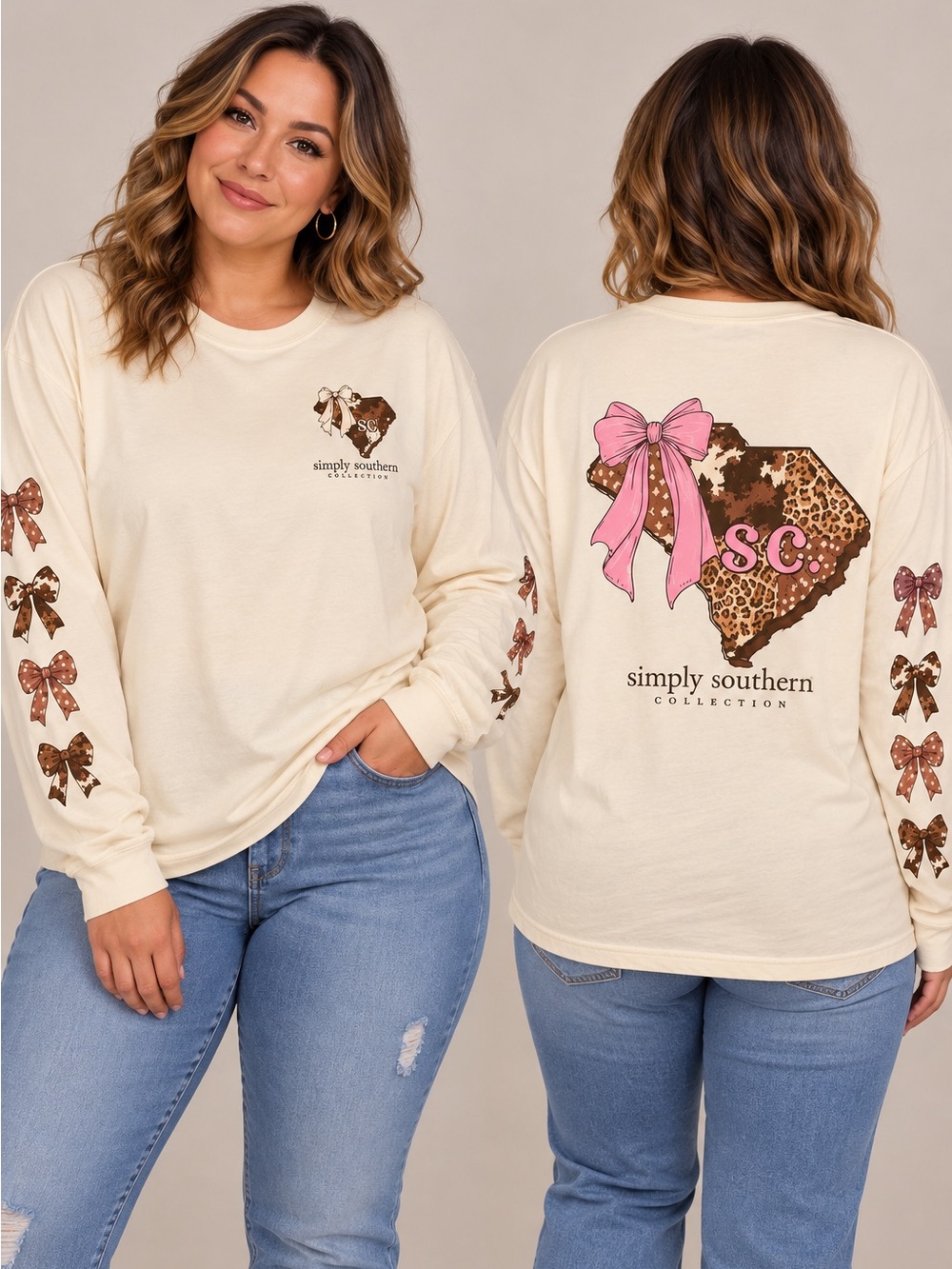 Simply Southern Cream Long Sleeve Tee with Pink Bow & Leopard SC Design
